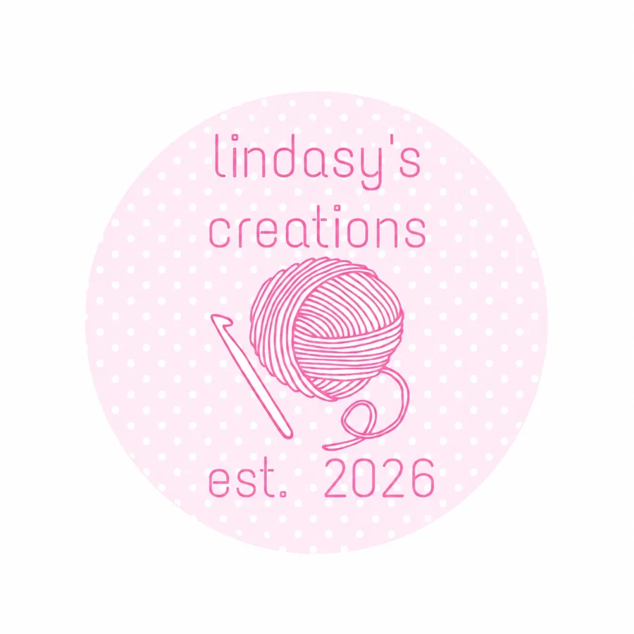 The Lindasy's Creations logo, a pink ball of yarn and a crochet hook